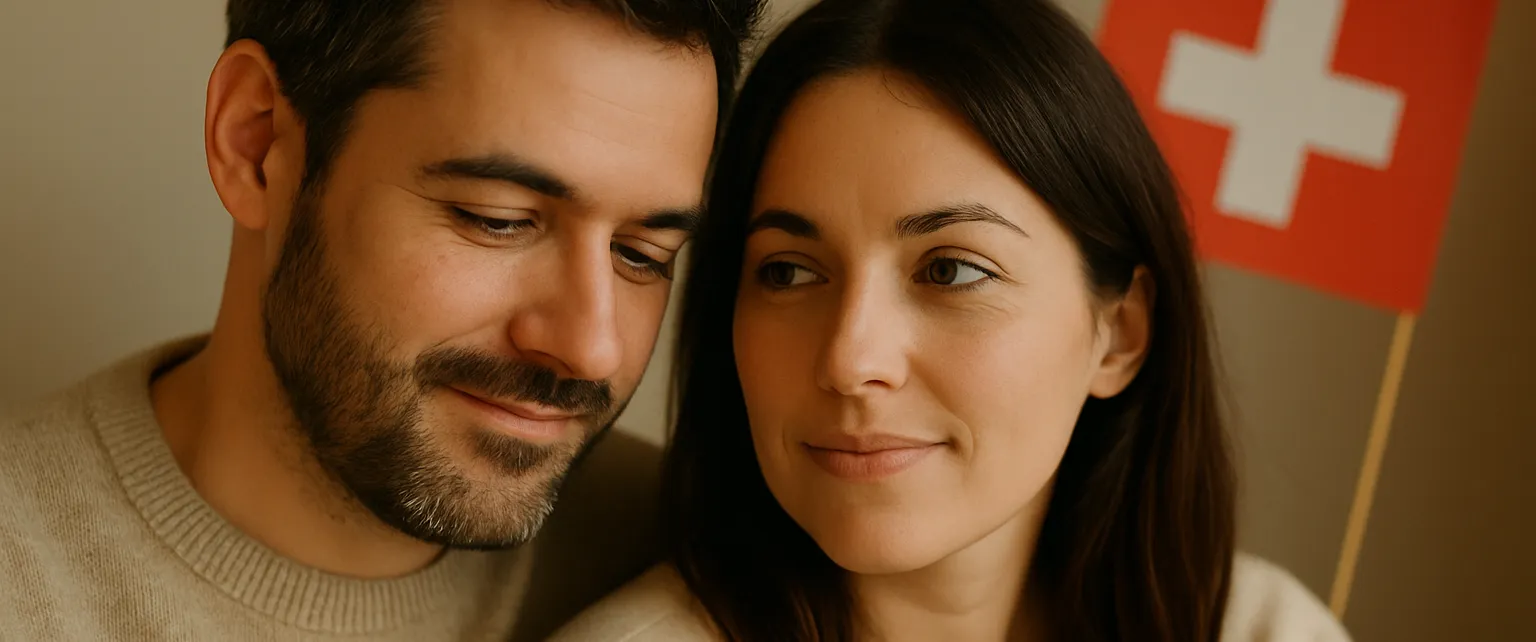 Bébé fond drapeau suisse Header page principale, jeune couple en bonne santé